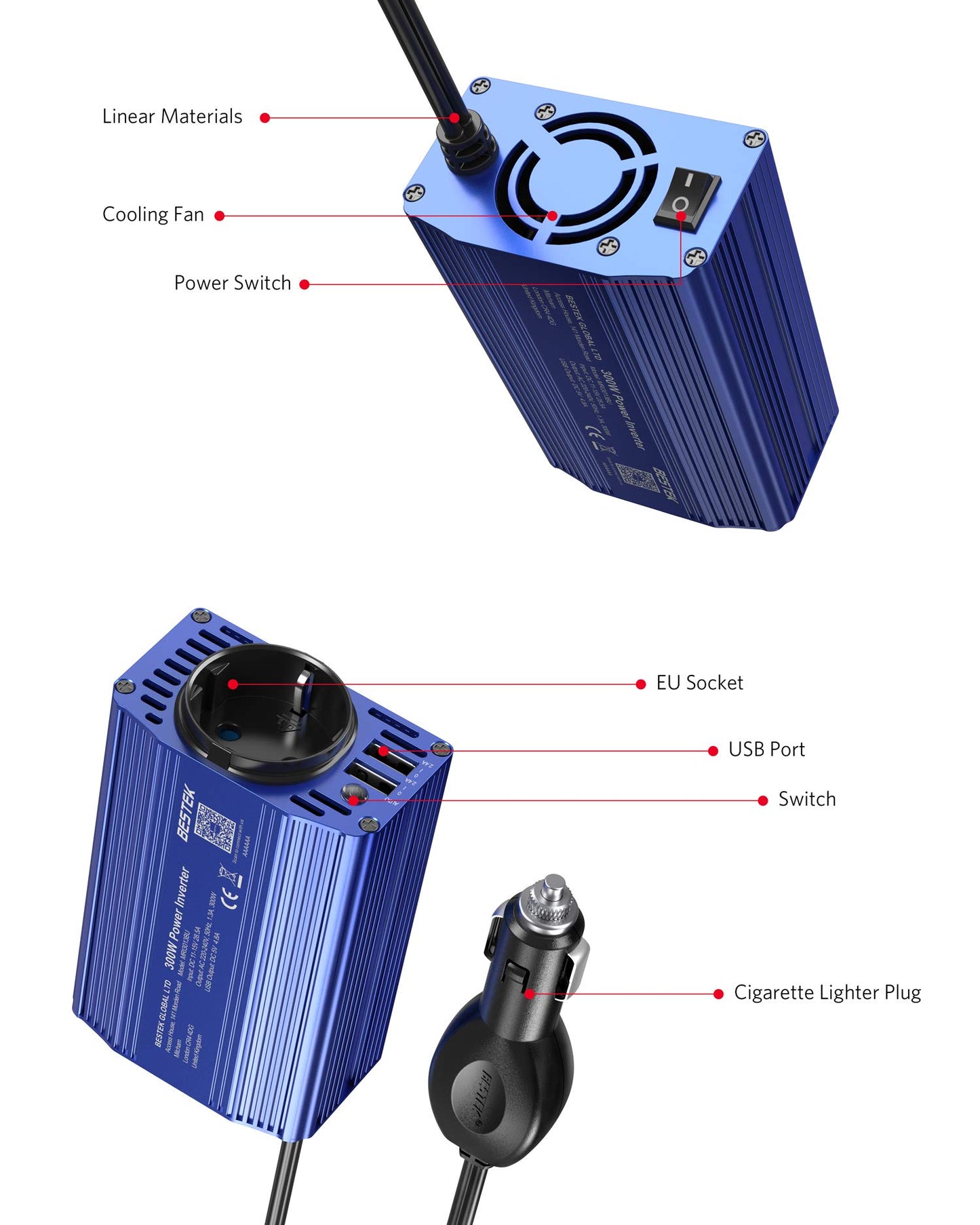 BESTEK - Convertidor de 12 V, 220 V, 230 V, 200 W, Transformador de tensión, 4 Puertos USB y 2 enchufes UE, Cargador de Coche para Camping con múltiples Protecciones y Soft Start