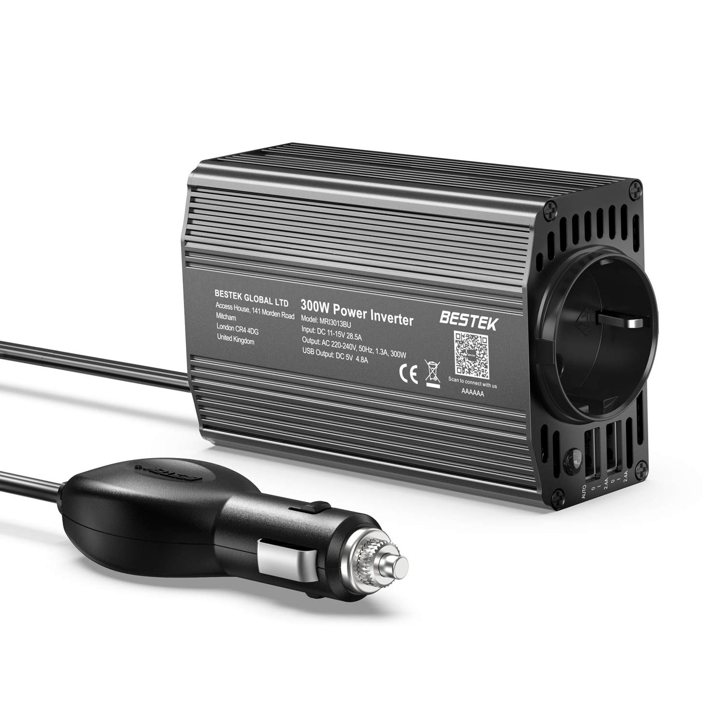 BESTEK - Convertidor de 12 V, 220 V, 230 V, 200 W, Transformador de tensión, 4 Puertos USB y 2 enchufes UE, Cargador de Coche para Camping con múltiples Protecciones y Soft Start