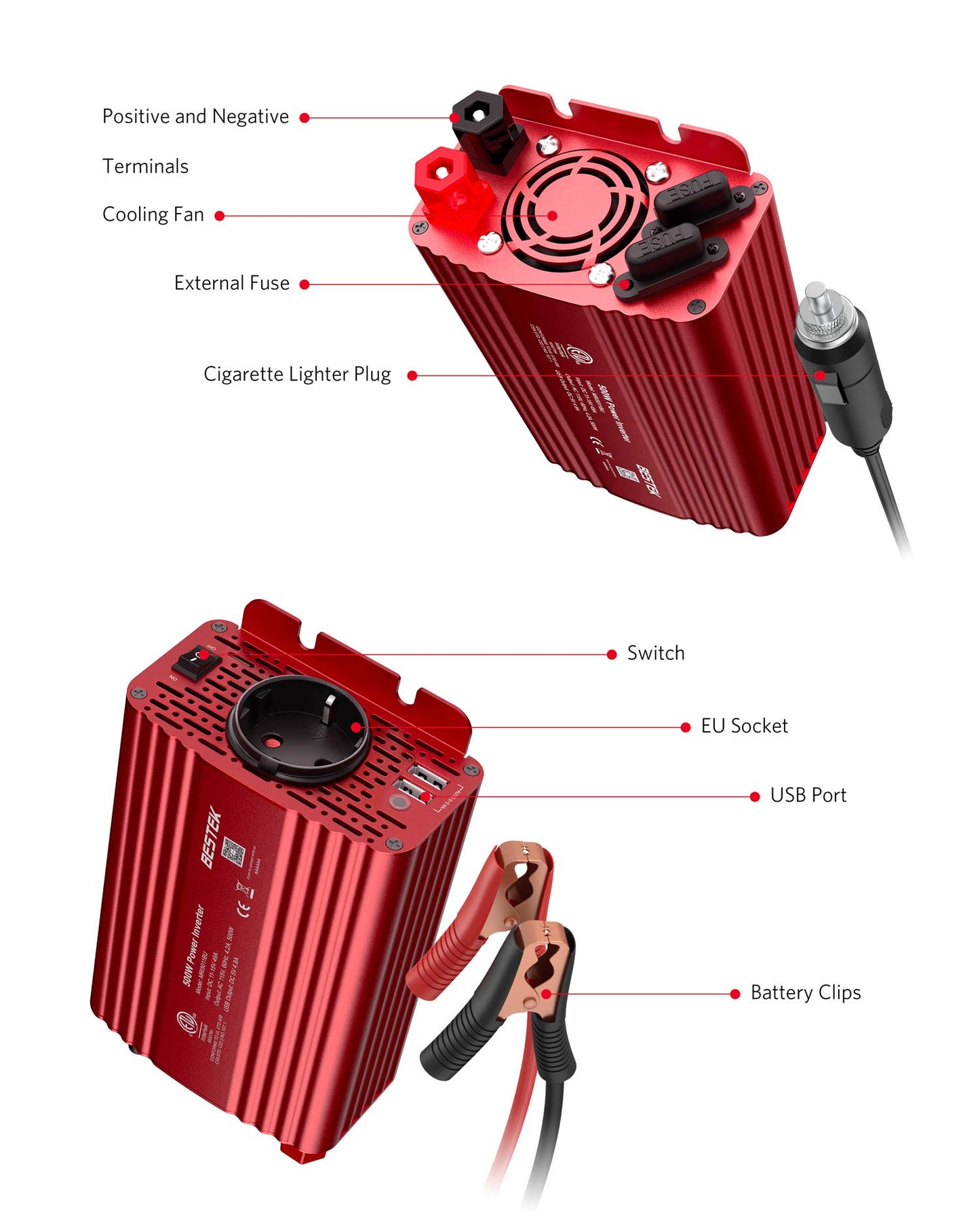 BESTEK - Convertidor de 12 V, 220 V, 230 V, 200 W, Transformador de tensión, 4 Puertos USB y 2 enchufes UE, Cargador de Coche para Camping con múltiples Protecciones y Soft Start