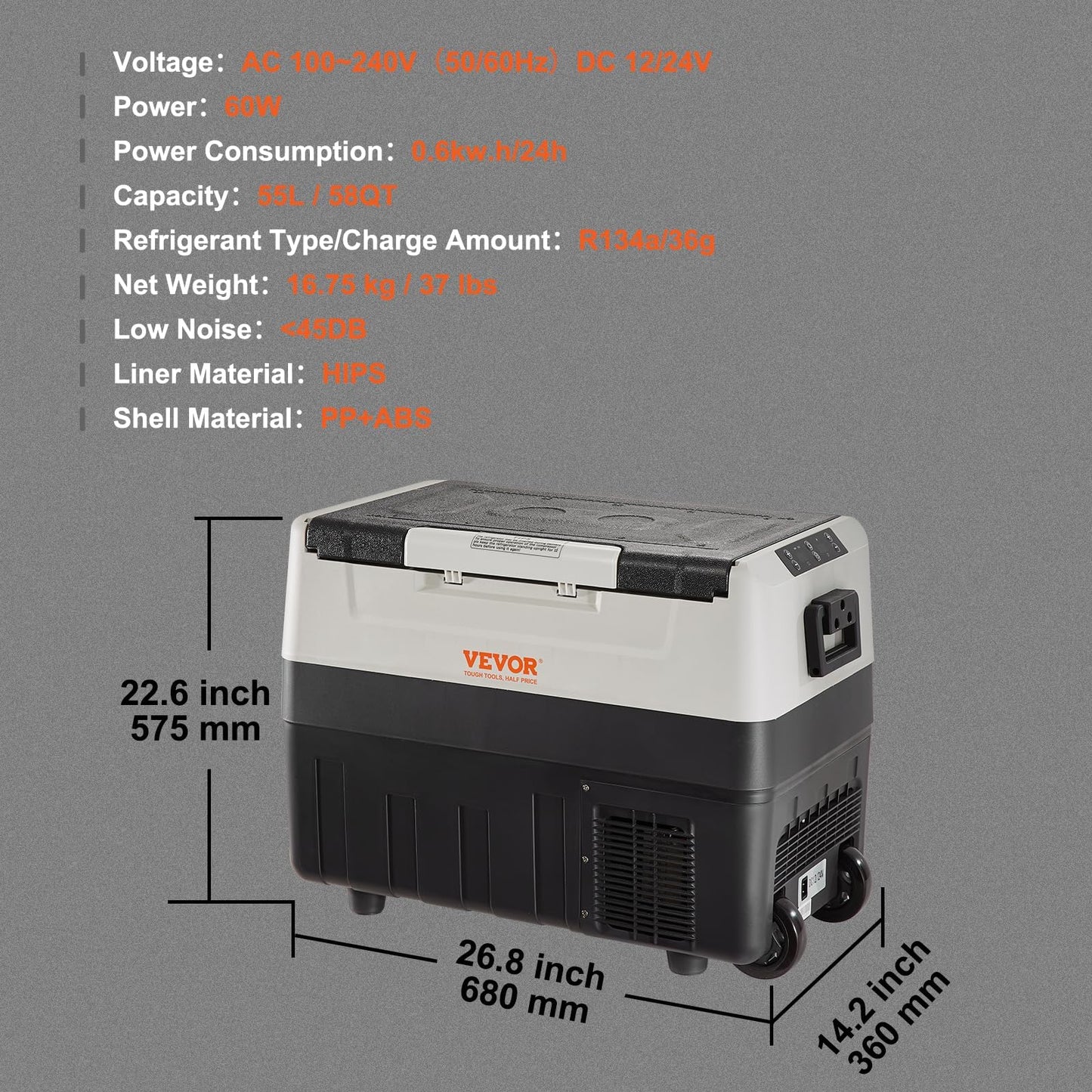 VEVOR Nevera Eléctrica Portátil de 35 L Nevera Portátil para Coche 12/24 V CC 100 - 240 V CA Nevera de Una Zona para Coche 0,6 kW.h - 20 °C a 10 °C Congelador Ajustable para Camión Barco Camping