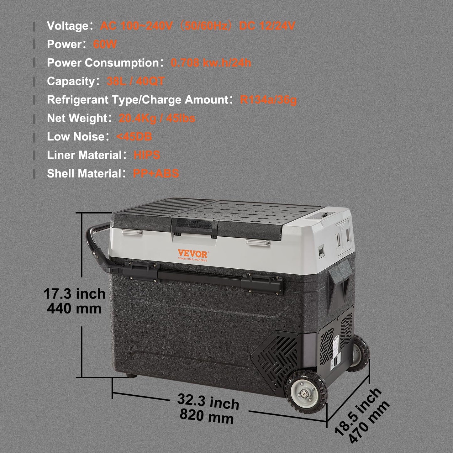 VEVOR Nevera Eléctrica Portátil de 35 L Nevera Portátil para Coche 12/24 V CC 100 - 240 V CA Nevera de Una Zona para Coche 0,6 kW.h - 20 °C a 10 °C Congelador Ajustable para Camión Barco Camping