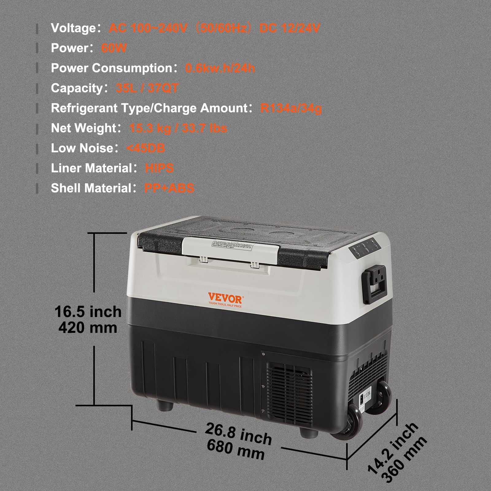 VEVOR Nevera Eléctrica Portátil de 35 L Nevera Portátil para Coche 12/24 V CC 100 - 240 V CA Nevera de Una Zona para Coche 0,6 kW.h - 20 °C a 10 °C Congelador Ajustable para Camión Barco Camping